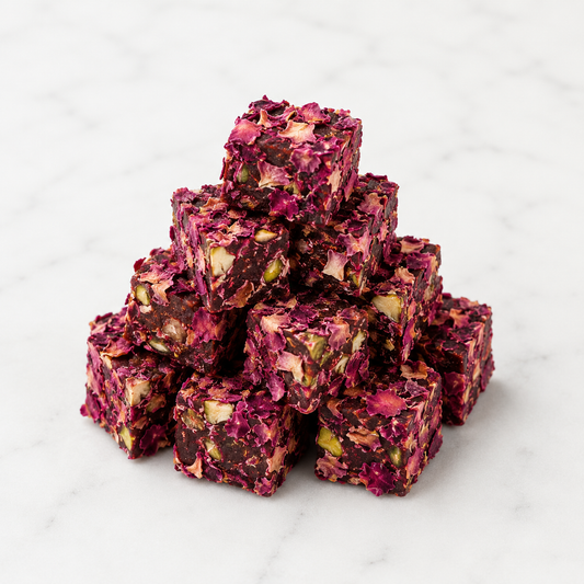 Luxe pistache dubbel Turks fruit met rozenblaadjes en granaatappel